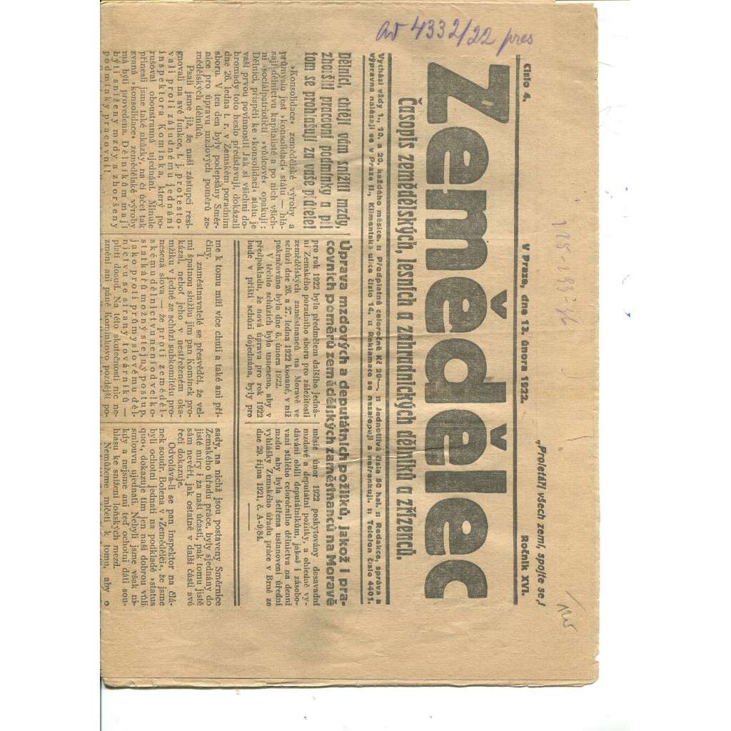 Zemědělec, ročník XVI., číslo 4/1922. Časopis zemědělských, lesních a zahradnických dělníků a zřízenců (1. republika, noviny)