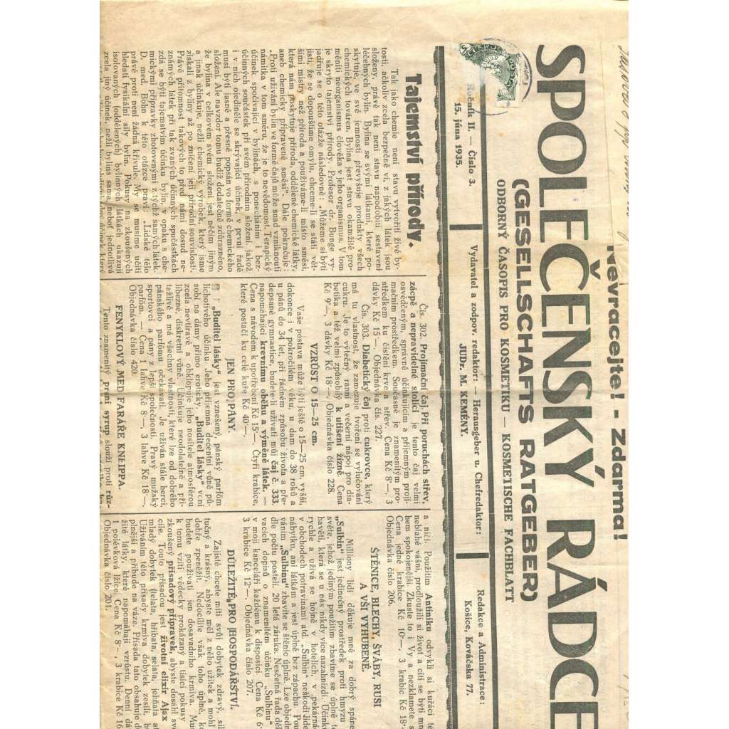 Společenský rádce, ročník II., číslo 3/1935 (staré noviny,1. republika) Odborný časopis pro kosmetiku