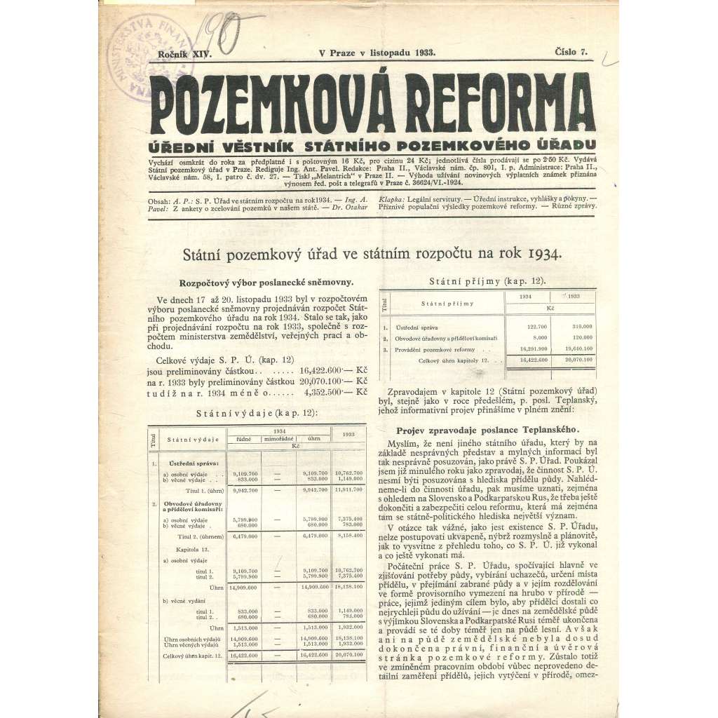 Pozemková reforma, ročník XIV., číslo 7/1933 (1. republika, noviny)