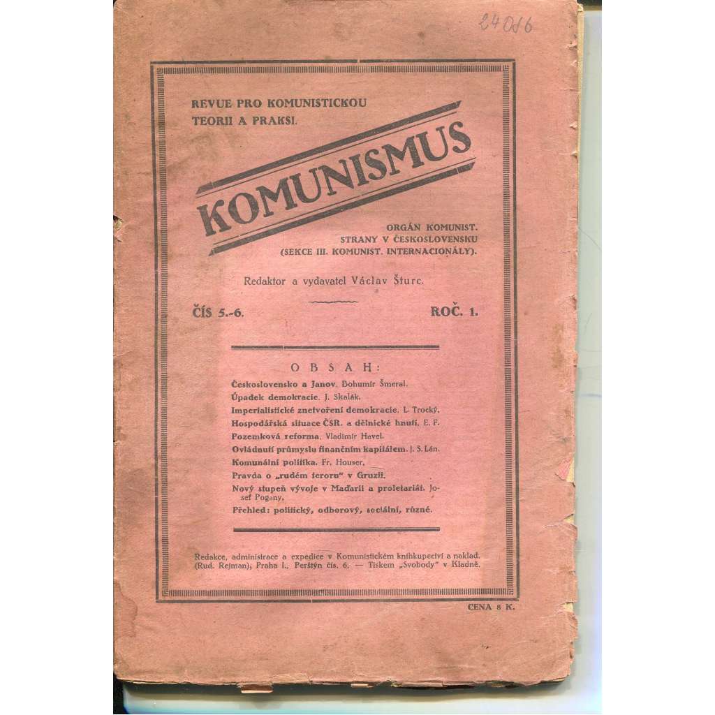 Komunismus, ročník I., číslo 5-6/1922 (1. republika, časopis, noviny) Revue pro komunistickou teorii a praksi