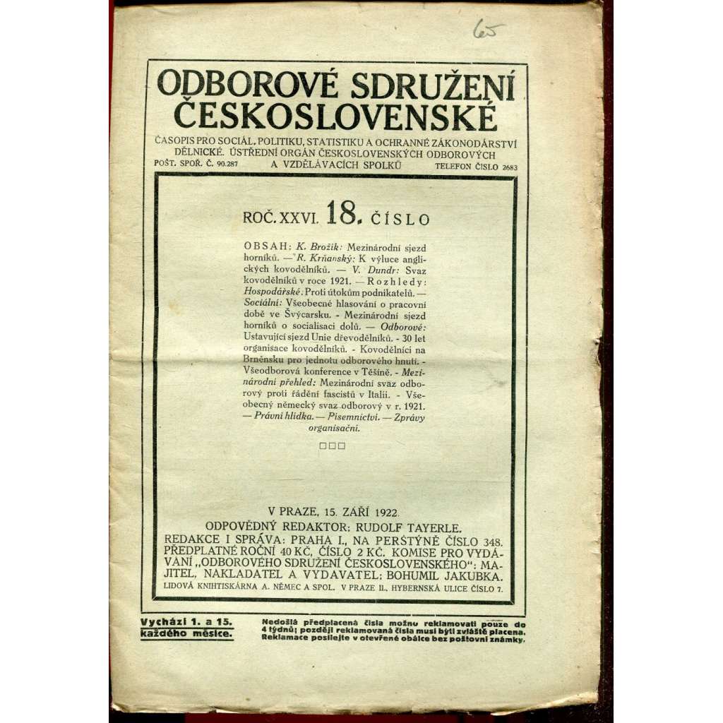 Odborové sdružení československé, ročník XXVI., číslo 18/1922 (odbory, 1. republika, časopis, noviny)