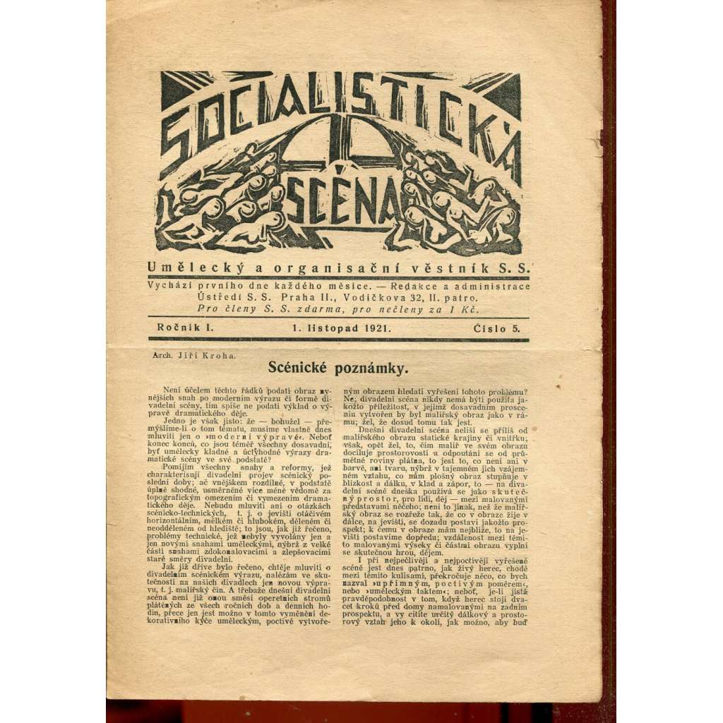 Socialistická scéna, ročník I., číslo 5/1921. Umělecký a organisační věstník S. S. (časopis, noviny, 1. republika)