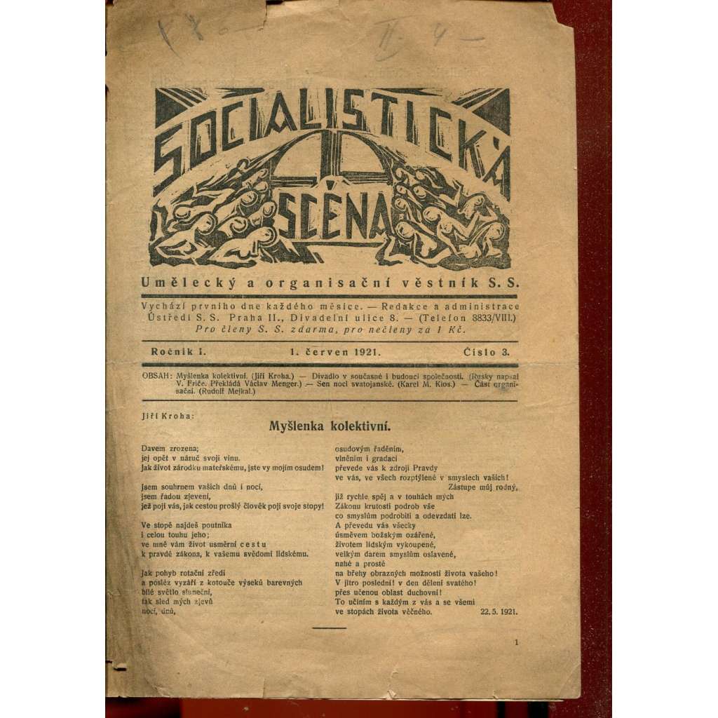 Socialistická scéna, ročník I., číslo 3/1921. Umělecký a organisační věstník S. S. (časopis, noviny, 1. republika) - pošk.