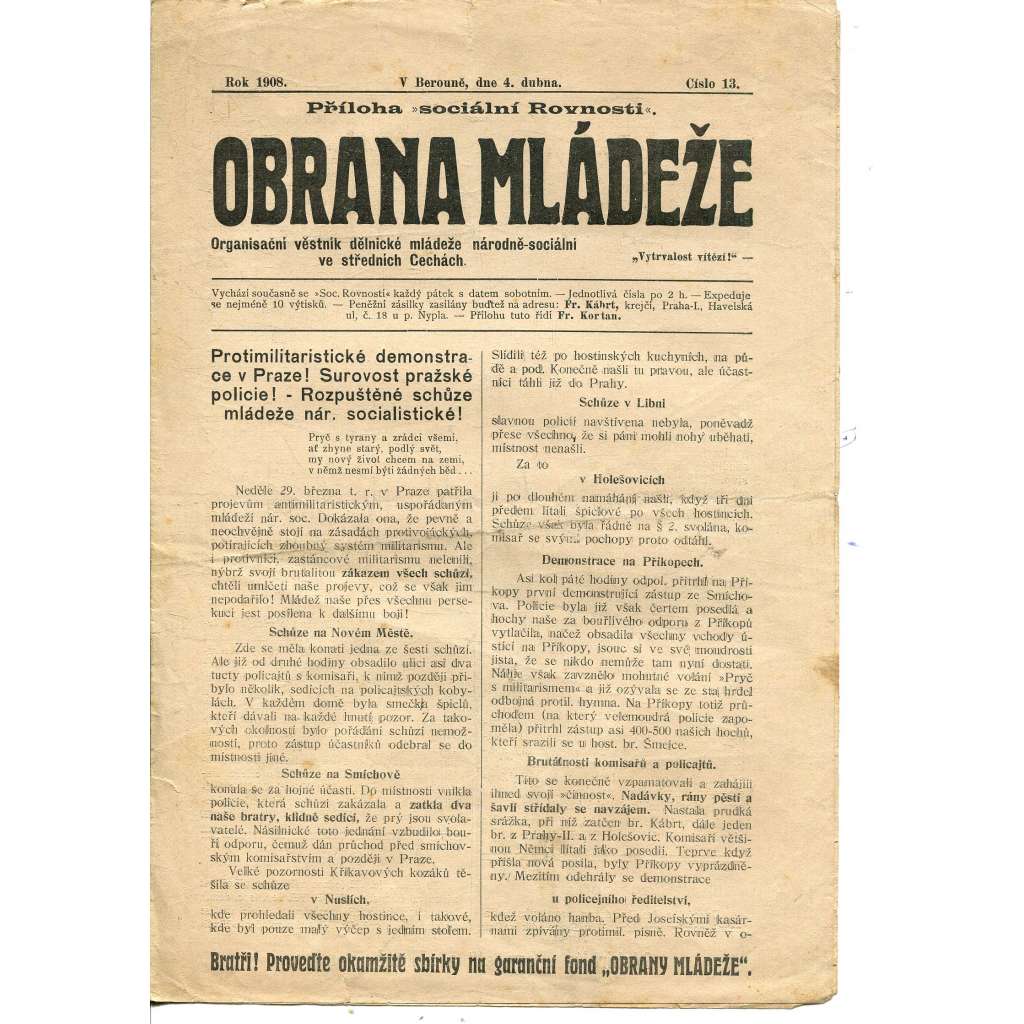 Obrana mládeže, číslo 13/1908. Organisační dělnické mládeže národně-sociální ve středních Čechách (časopis, noviny)