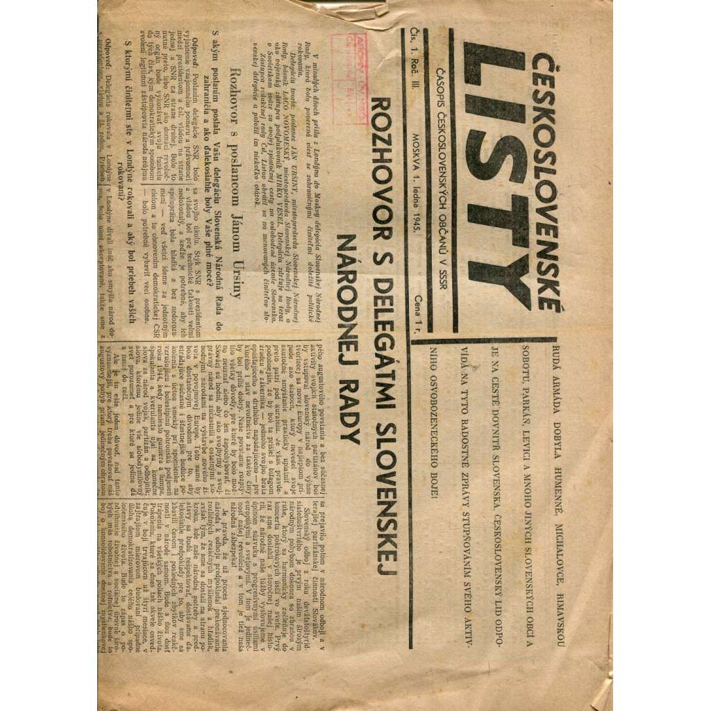 Československé listy (1.1.1945) Časopis československých občanů v SSSR - Protektorát, staré noviny (Moskva)