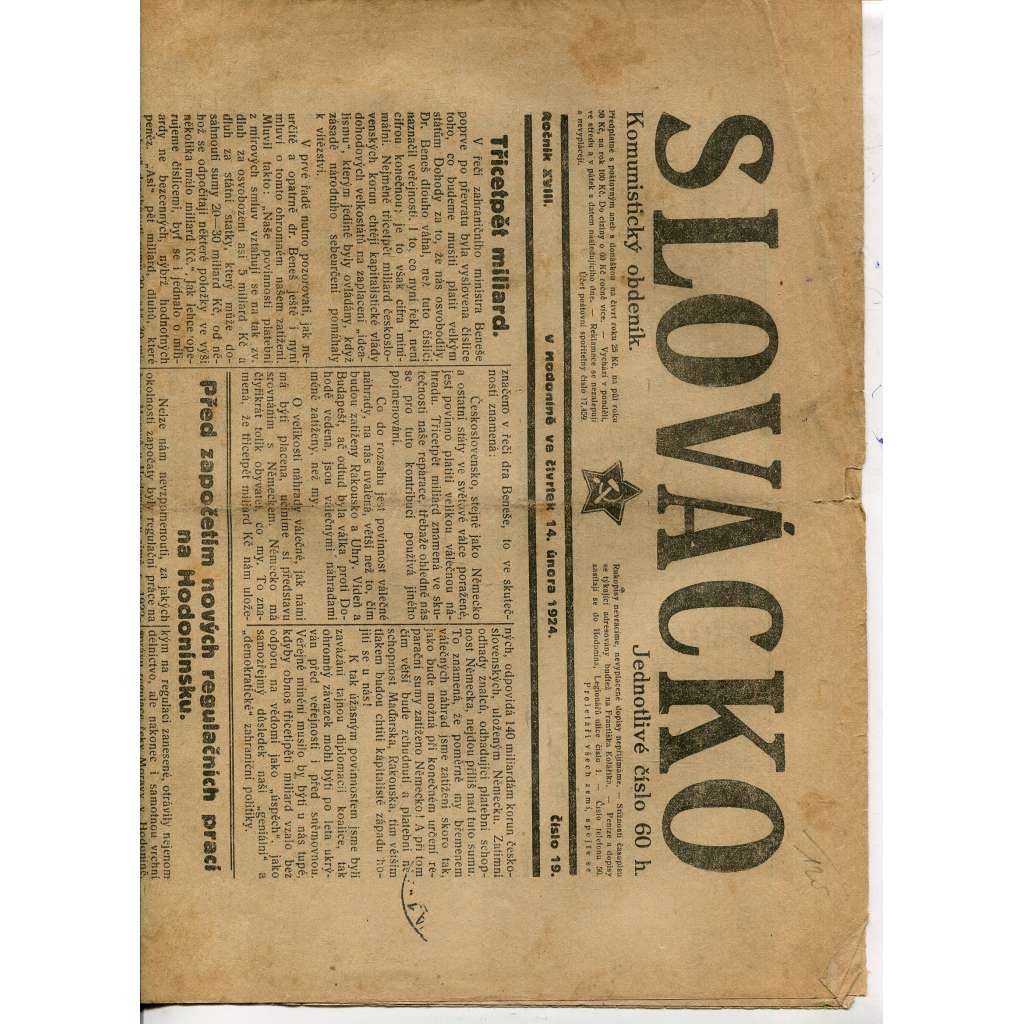 Slovácko, ročník XVIII., číslo 19/1924 (1. republika, staré noviny)