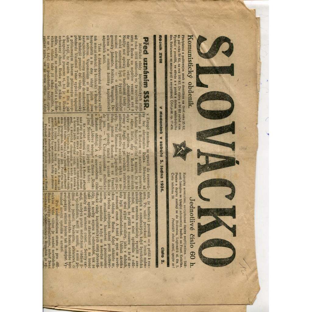 Slovácko, ročník XVIII., číslo 2/1924 (1. republika, staré noviny)