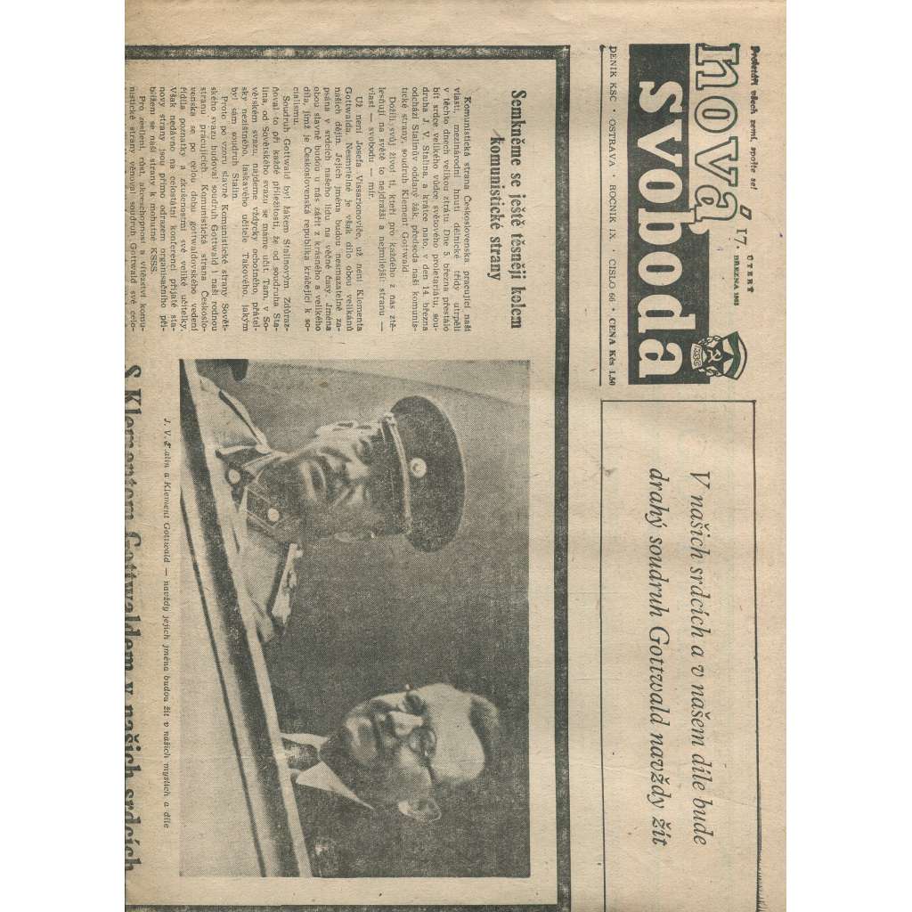 Nová svoboda, ročník IX., číslo 66/1953. Deník Komunistické strany Československa (noviny)