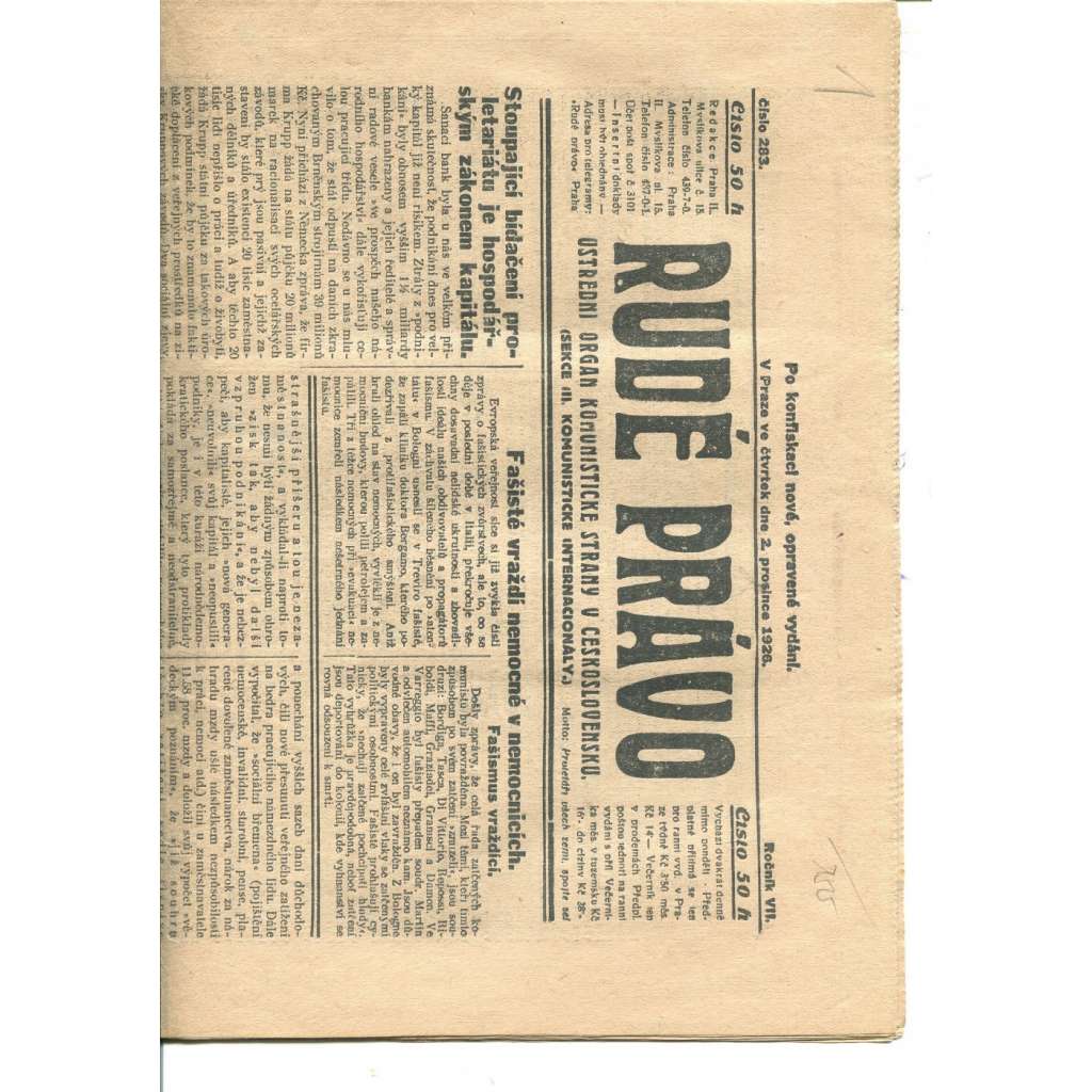 Rudé právo, ročník VII., číslo 283/1926 (staré noviny, 1. repubika)