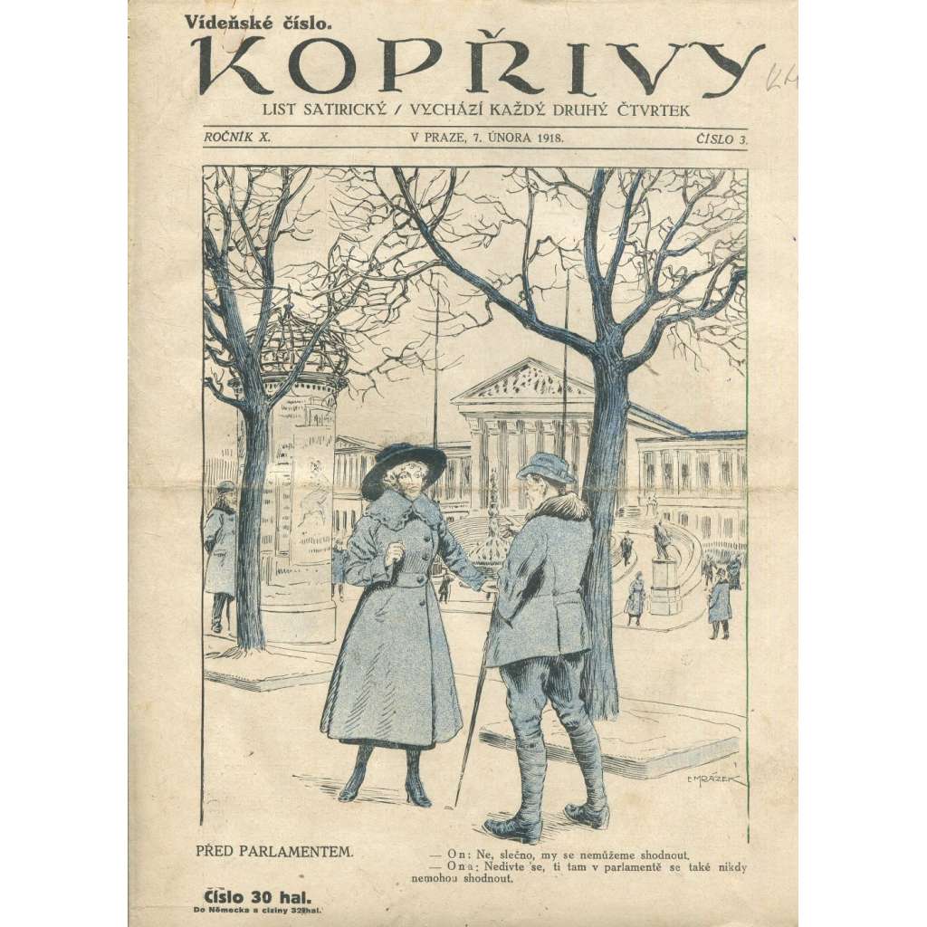 Kopřivy, ročník X., číslo 3/1918 (1. republika, časopis, noviny) List satirický (není komletní)