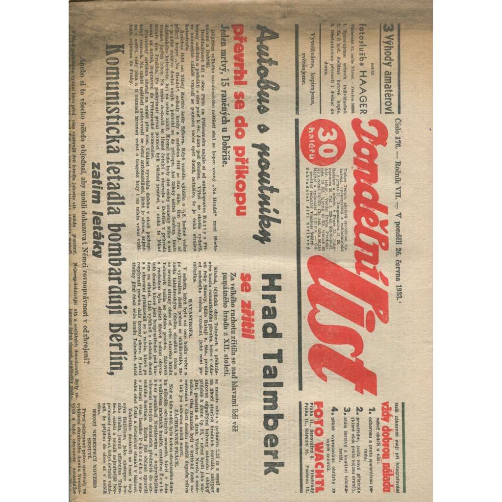 Pondělní list, ročník VII., číslo 176/1933 (1. republika, noviny)