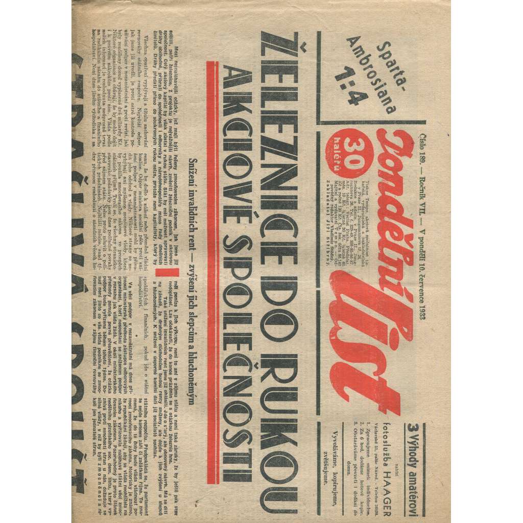 Pondělní list, ročník VII., číslo 189/1933 (1. republika, noviny)