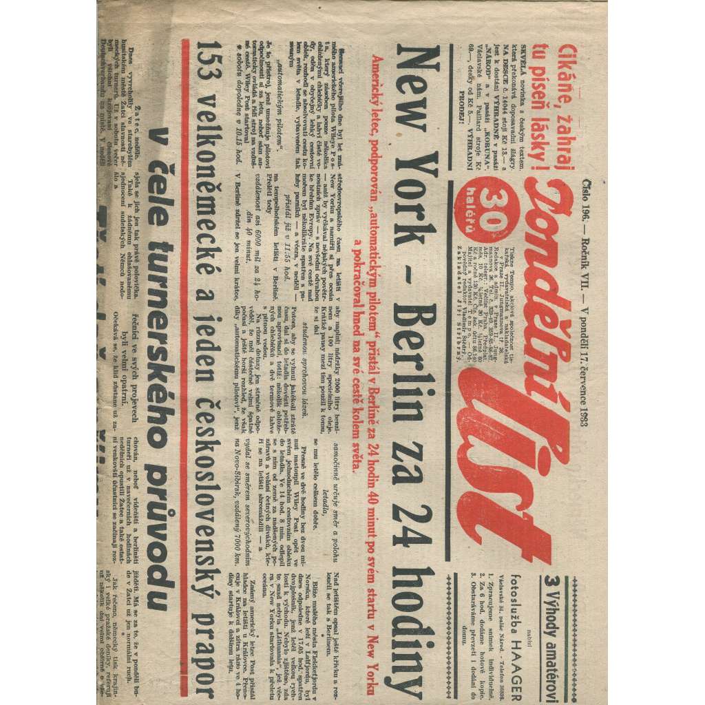Pondělní list, ročník VII., číslo 196/1933 (1. republika, noviny)
