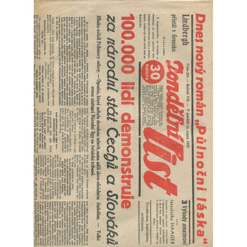 Pondělní list, ročník VII., číslo 224/1933 (1. republika, noviny)