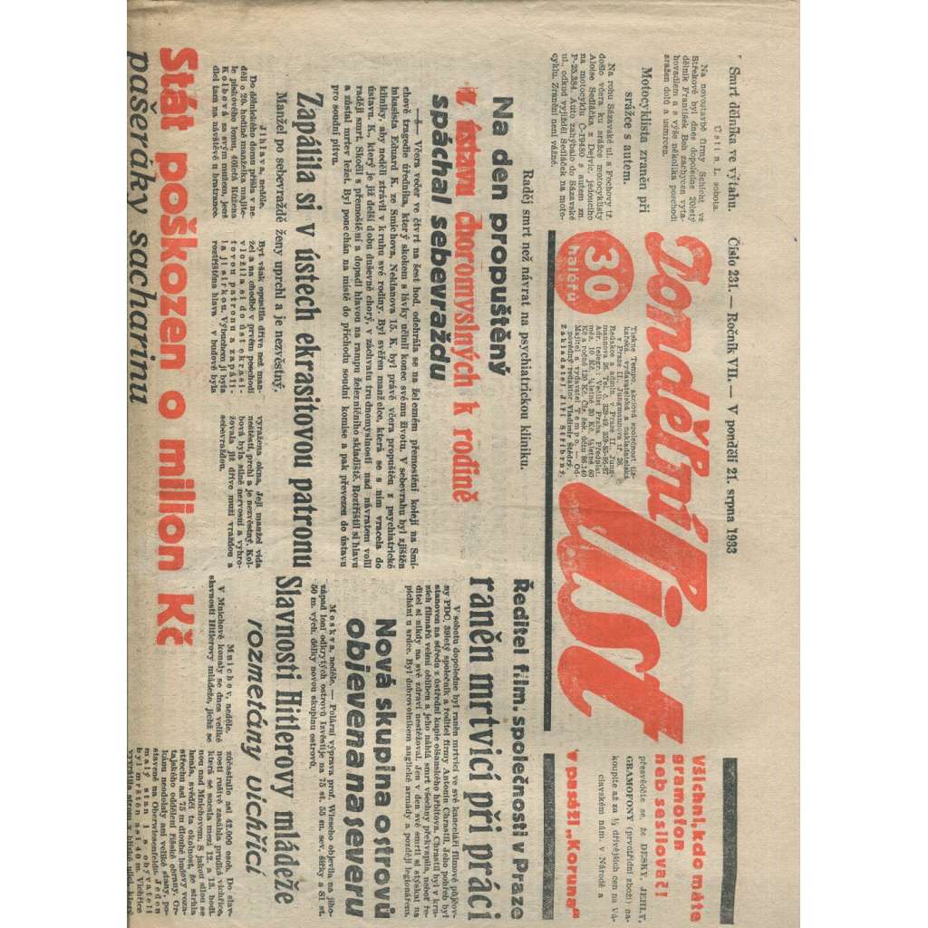 Pondělní list, ročník VII., číslo 231/1933 (1. republika, noviny)