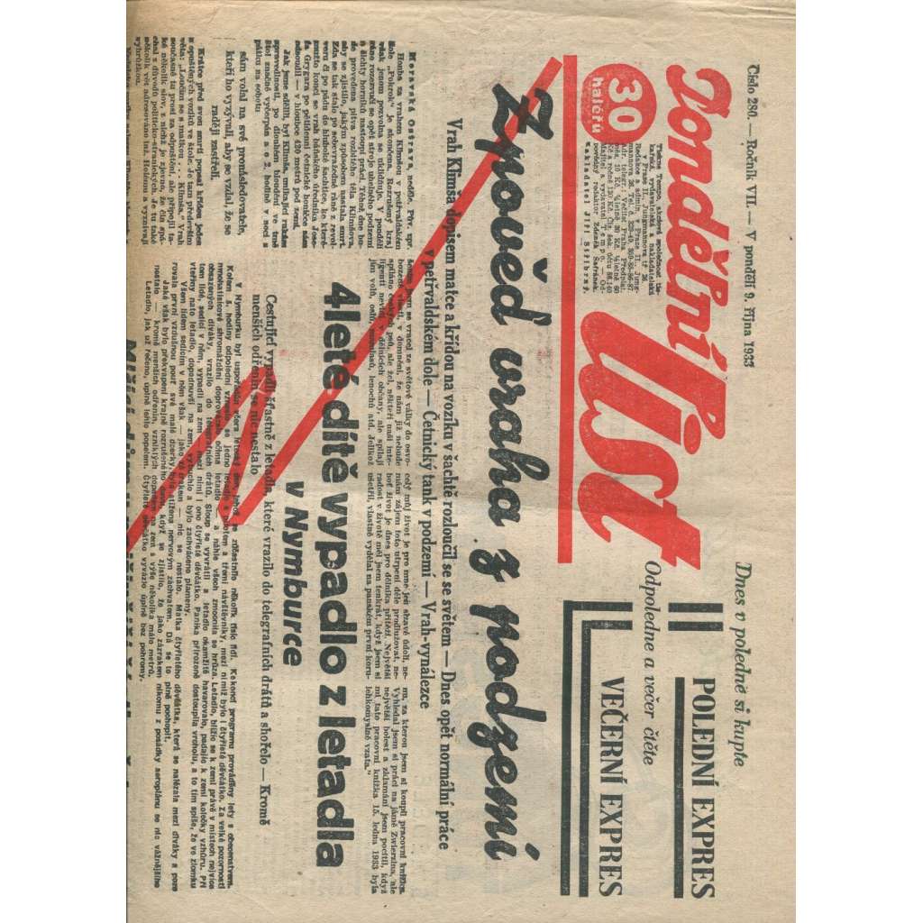 Pondělní list, ročník VII., číslo 280/1933 (1. republika, noviny)