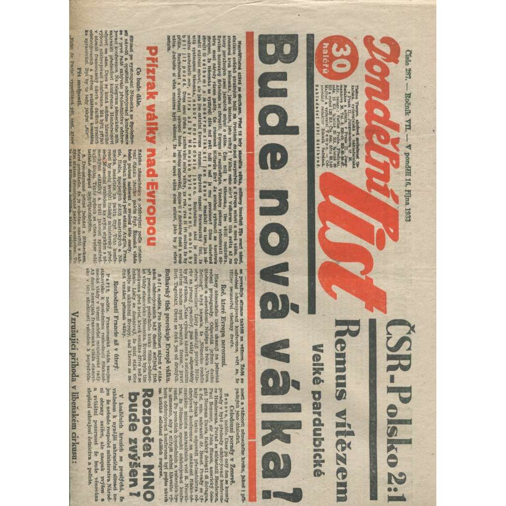 Pondělní list, ročník VII., číslo 287/1933 (1. republika, noviny)