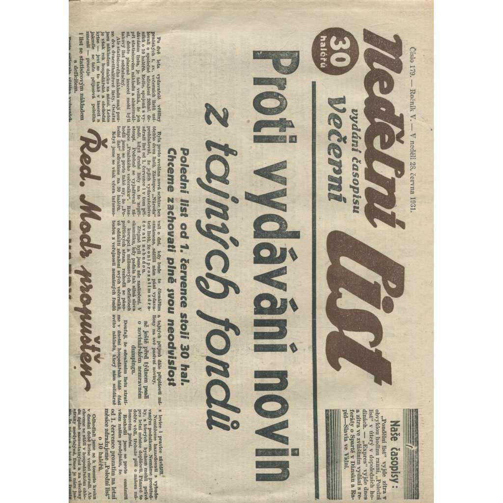 Nedělní list, ročník V., číslo 179/1931 (1. republika, noviny)