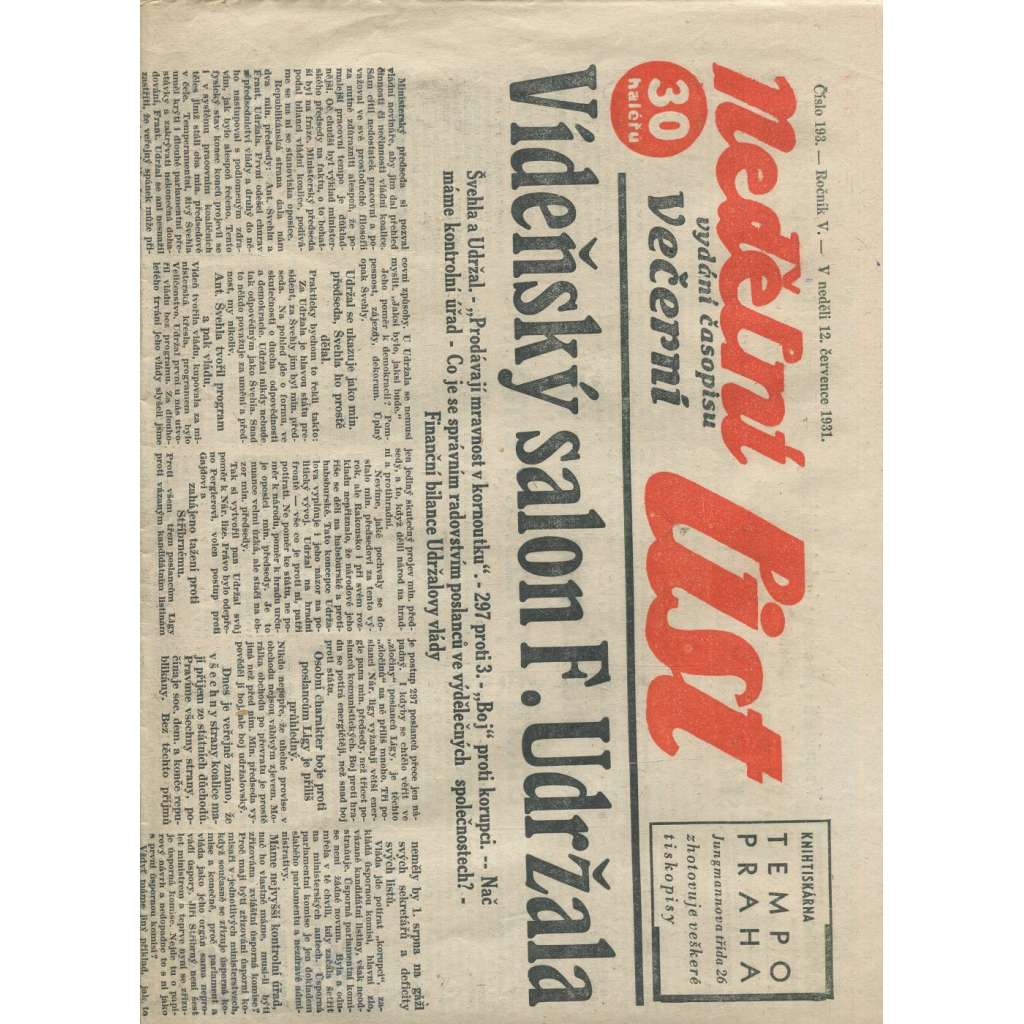 Nedělní list, ročník V., číslo 193/1931 (1. republika, noviny)