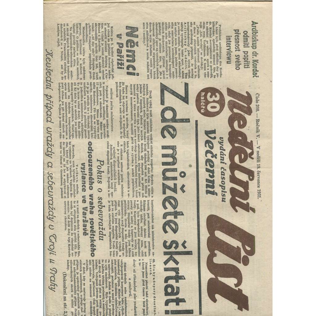 Nedělní list, ročník V., číslo 200/1931 (1. republika, noviny)