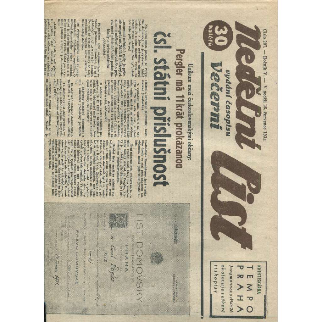 Nedělní list, ročník V., číslo 207/1931 (1. republika, noviny)