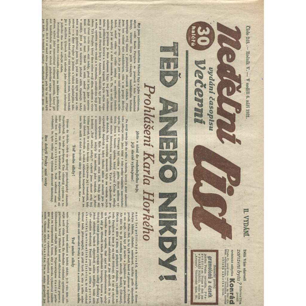 Nedělní list, ročník V., číslo 248/1931 (1. republika, noviny)