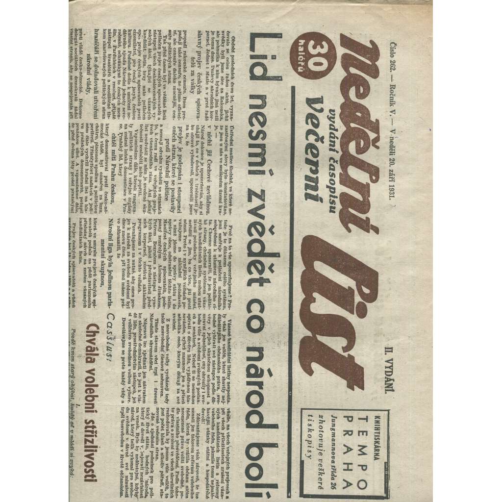 Nedělní list, ročník V., číslo 262/1931 (1. republika, noviny)