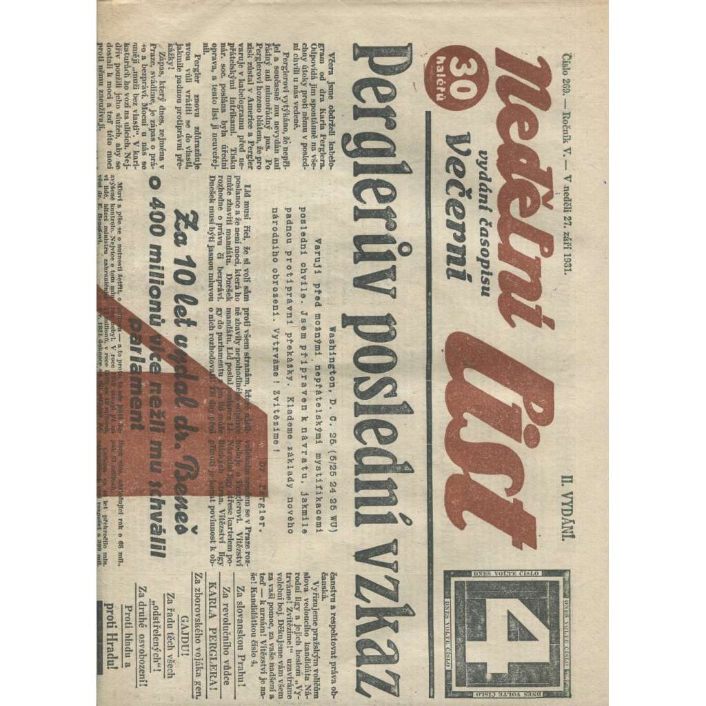 Nedělní list, ročník V., číslo 269/1931 (1. republika, noviny)