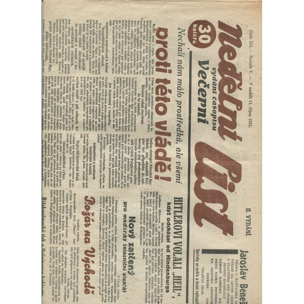 Nedělní list, ročník V., číslo 283/1931 (1. republika, noviny)