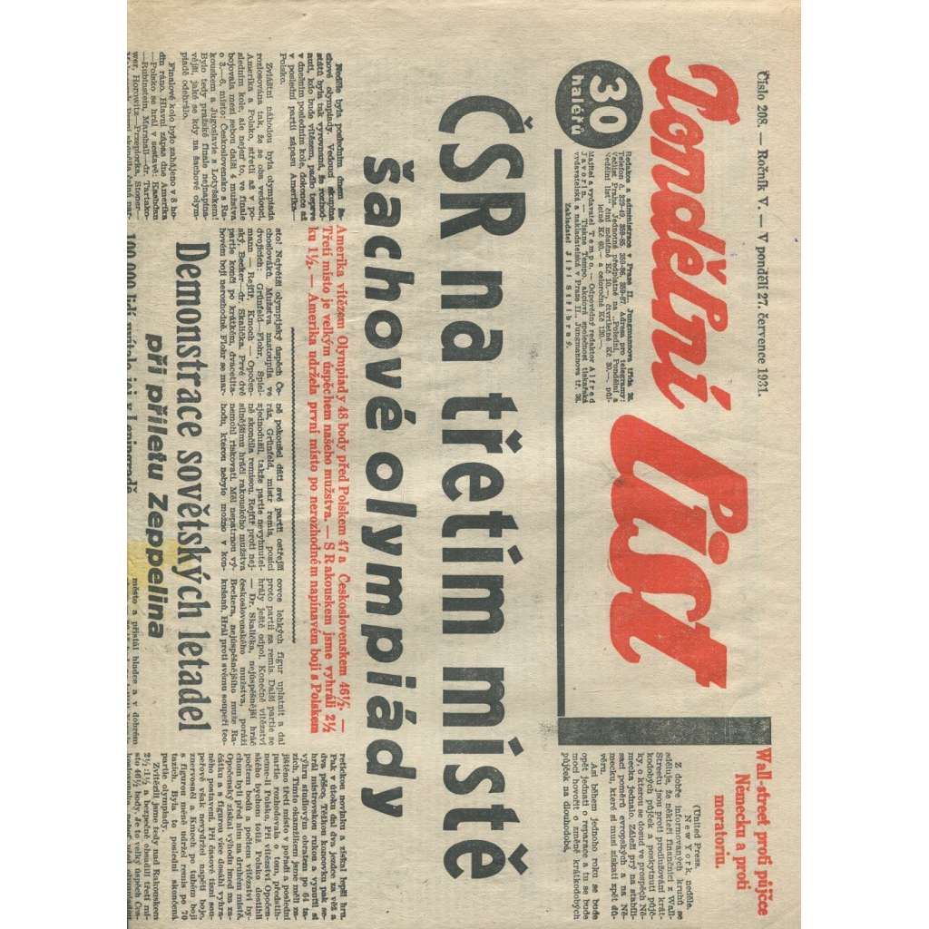 Pondělní list, ročník V., číslo 208/1931 (1. republika, noviny)