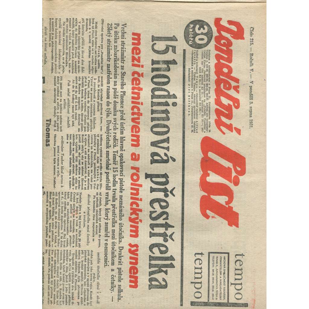 Pondělní list, ročník V., číslo 215/1931 (1. republika, noviny)