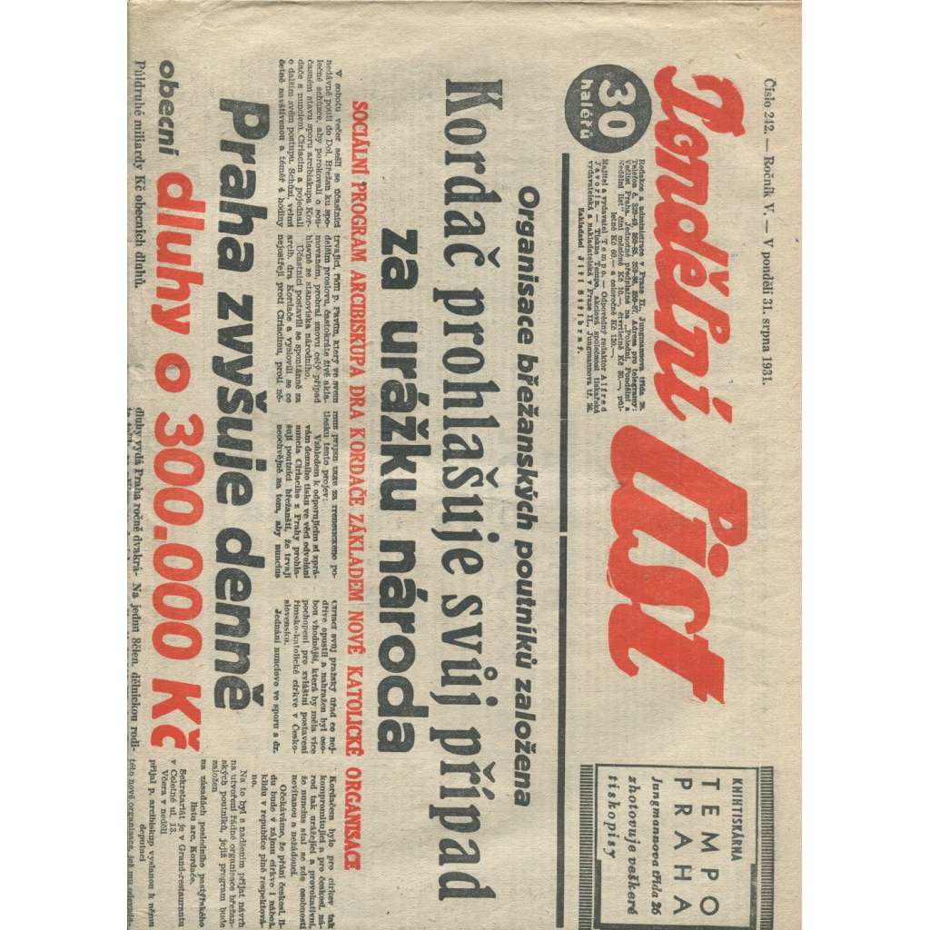 Pondělní list, ročník V., číslo 242/1931 (1. republika, noviny)