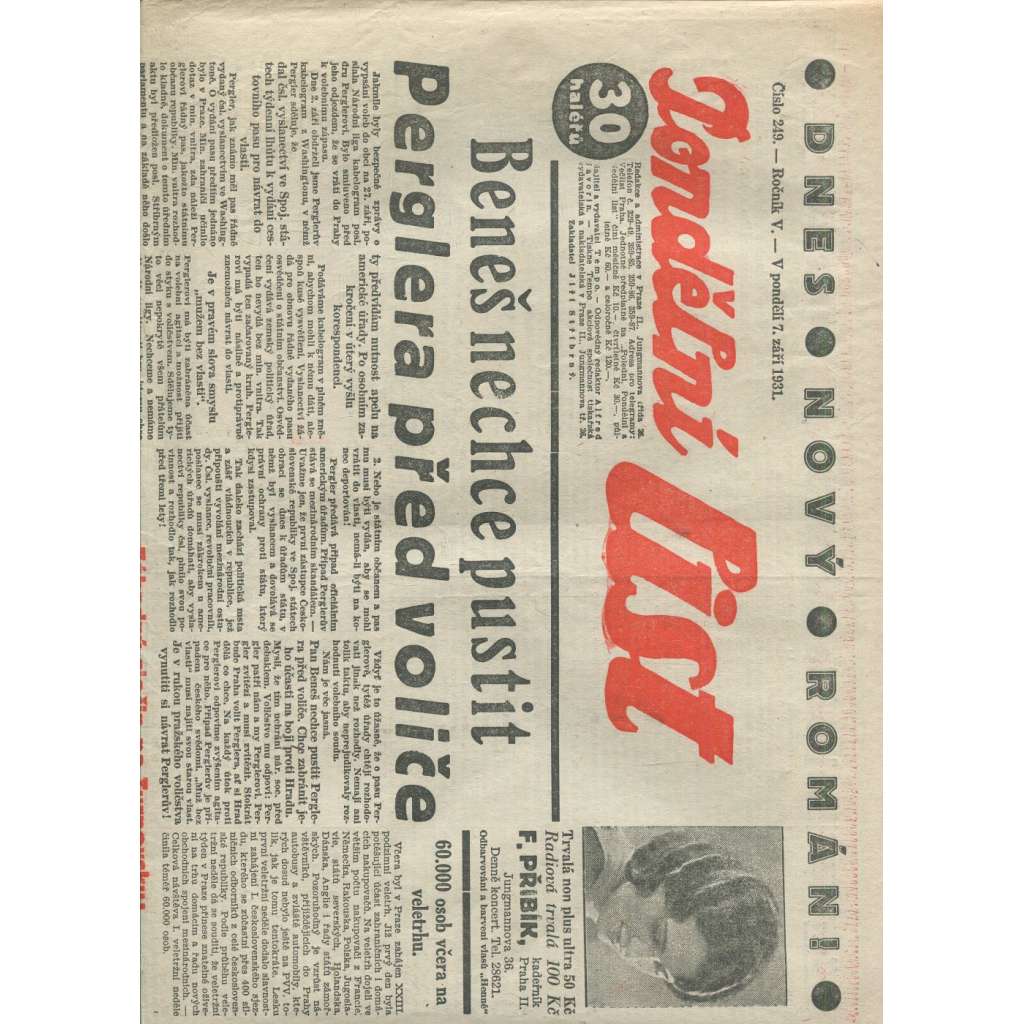Pondělní list, ročník V., číslo 249/1931 (1. republika, noviny)