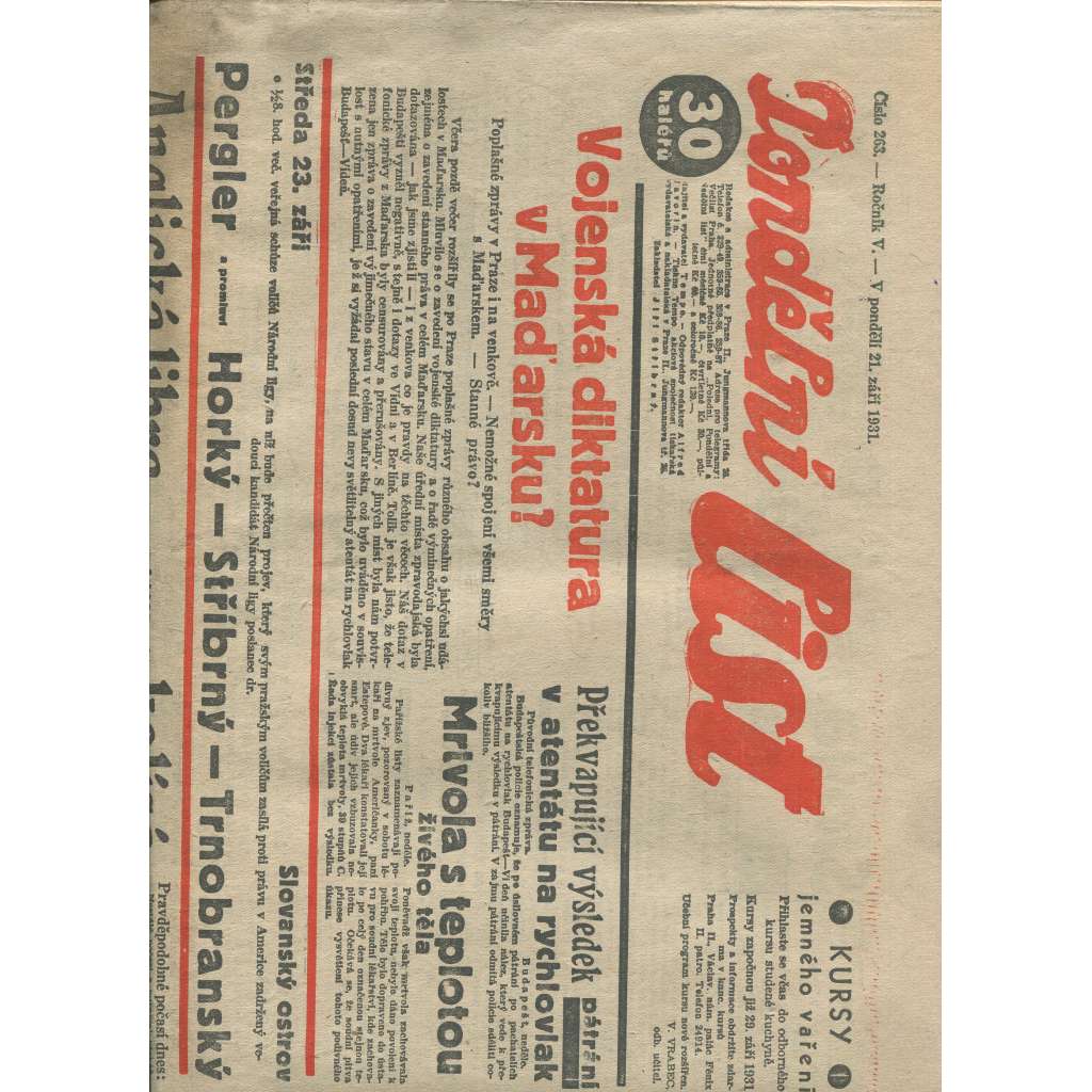 Pondělní list, ročník V., číslo 263/1931 (1. republika, noviny)