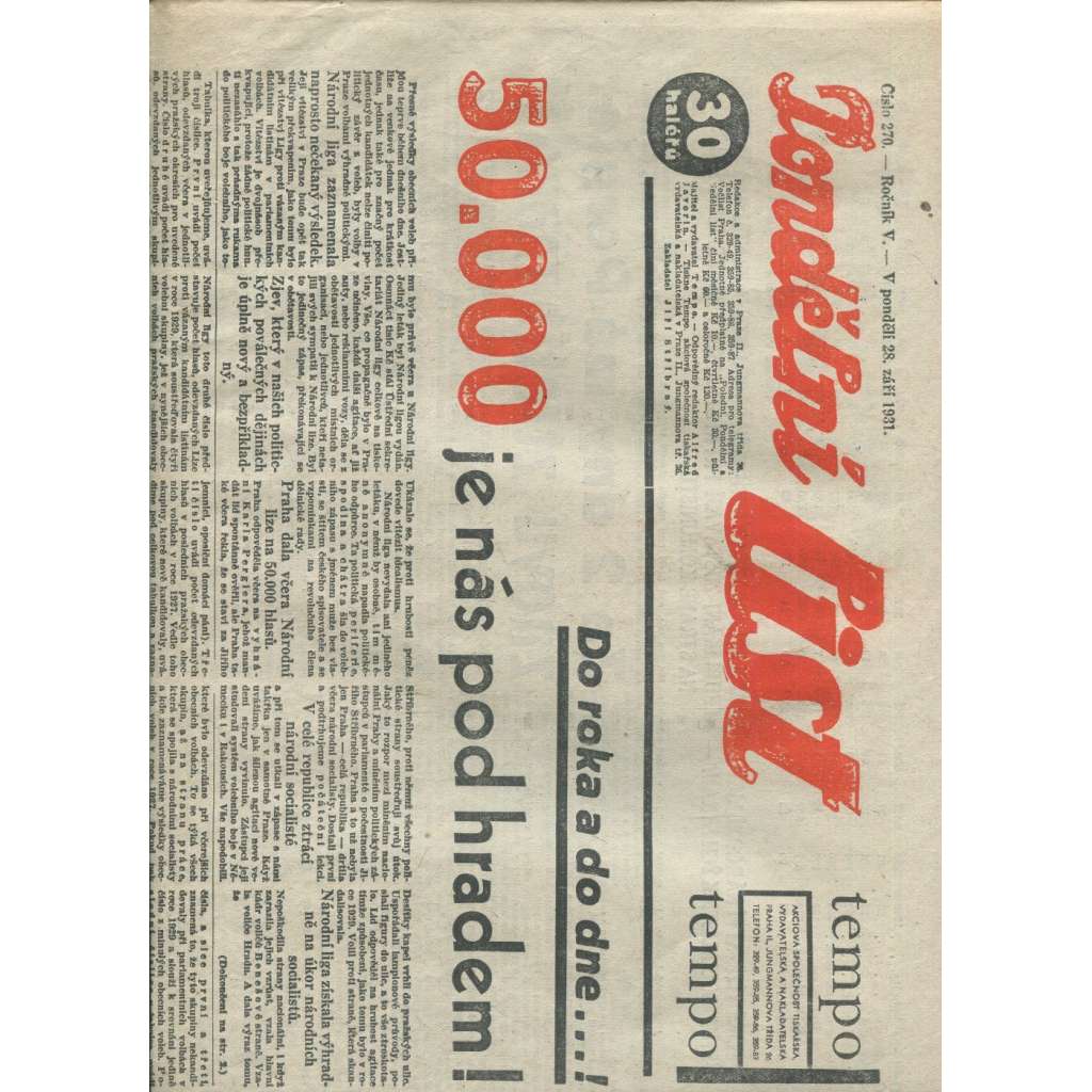 Pondělní list, ročník V., číslo 270/1931 (1. republika, noviny)