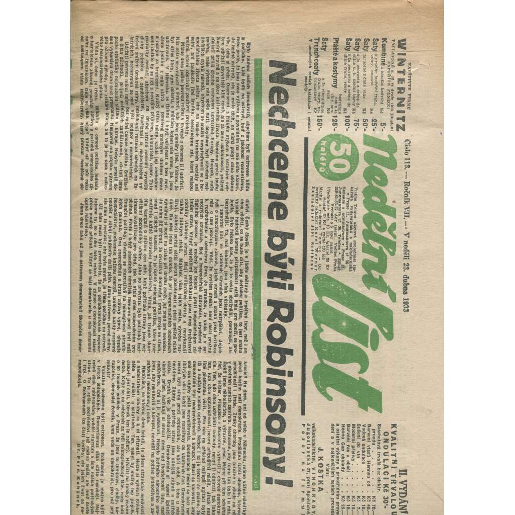 Nedělní list, ročník VII., číslo 113/1933 (1. republika, noviny)