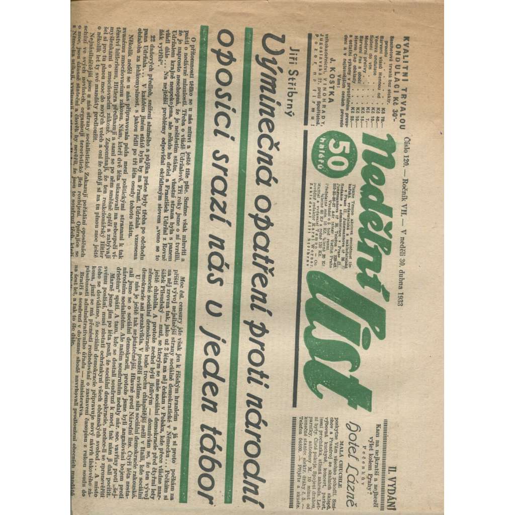 Nedělní list, ročník VII., číslo 120/1933 (1. republika, noviny)