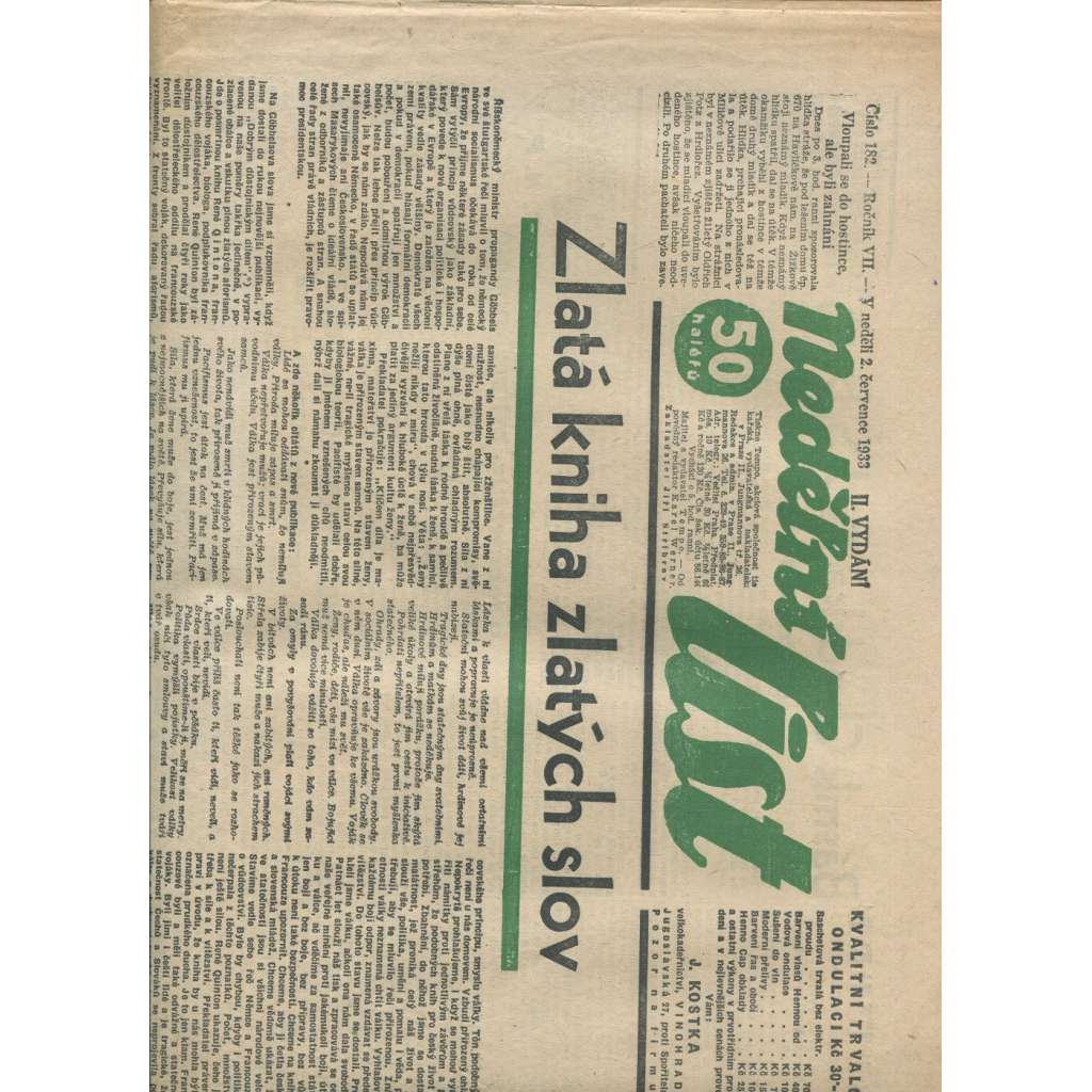 Nedělní list, ročník VII., číslo 182/1933 (1. republika, noviny)