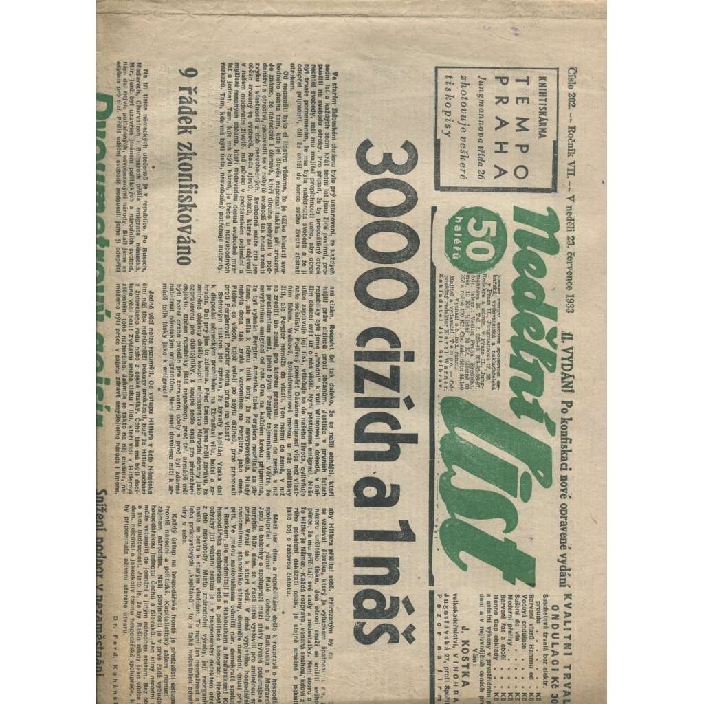 Nedělní list, ročník VII., číslo 202/1933 (1. republika, noviny)