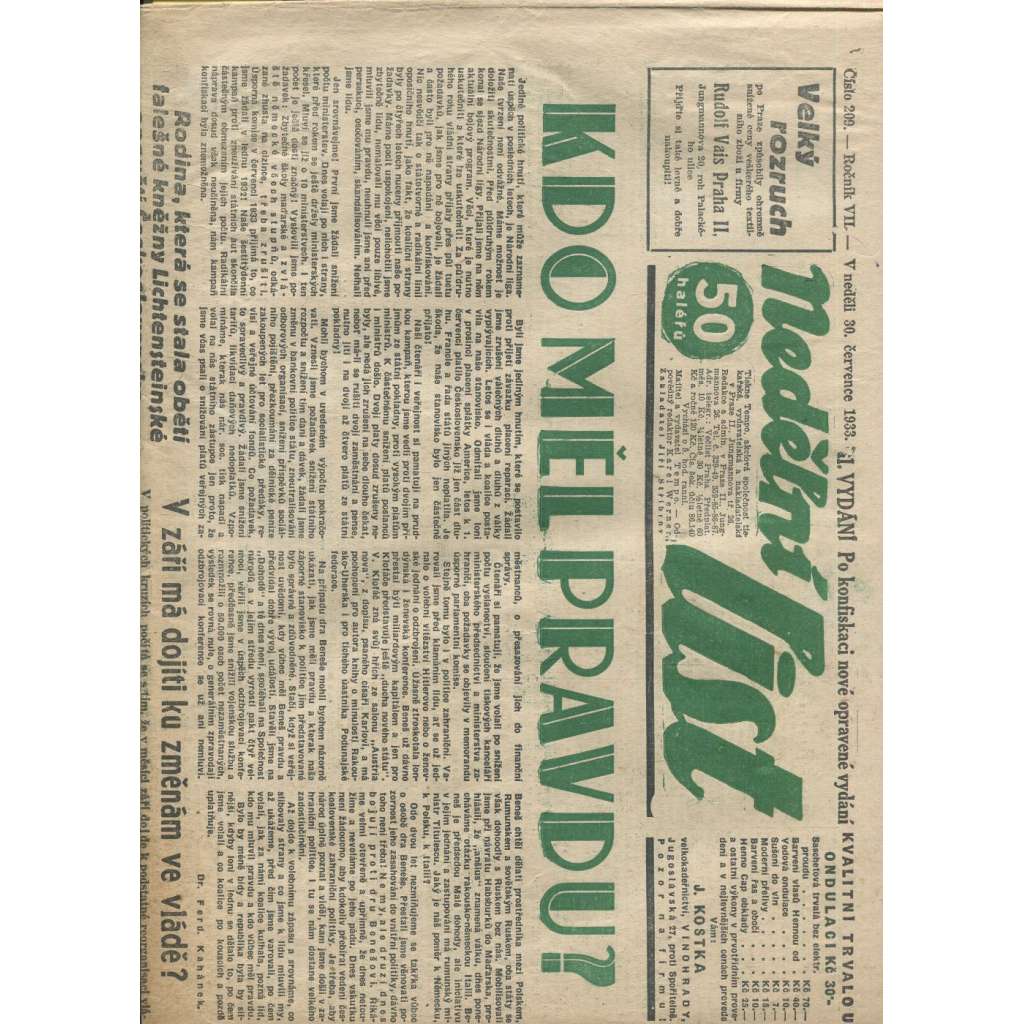 Nedělní list, ročník VII., číslo 209/1933 (1. republika, noviny)