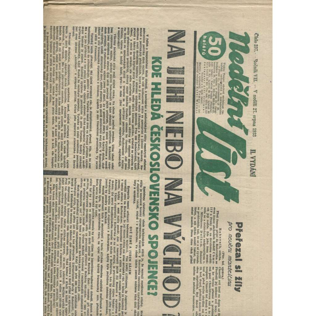 Nedělní list, ročník VII., číslo 237/1933 (1. republika, noviny)