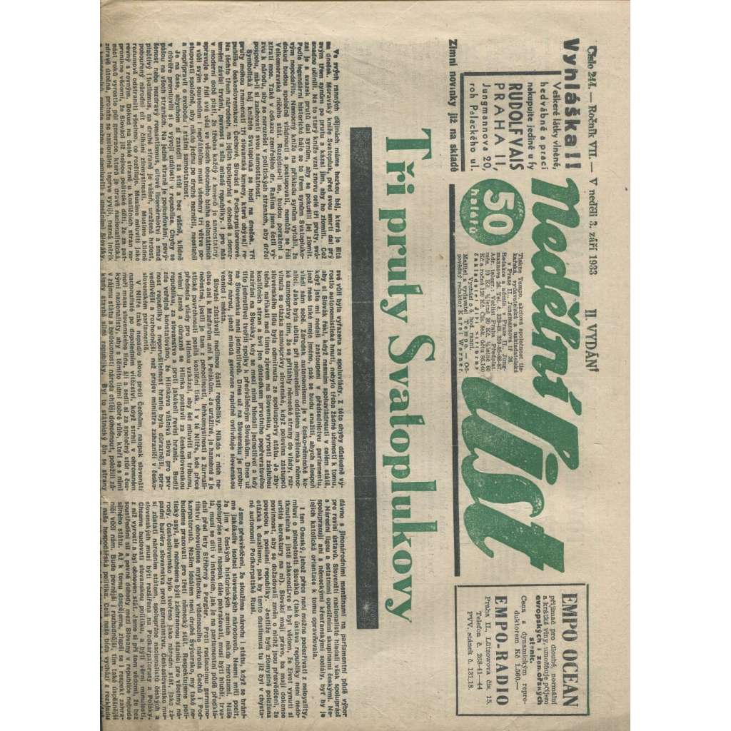 Nedělní list, ročník VII., číslo 244/1933 (1. republika, noviny)
