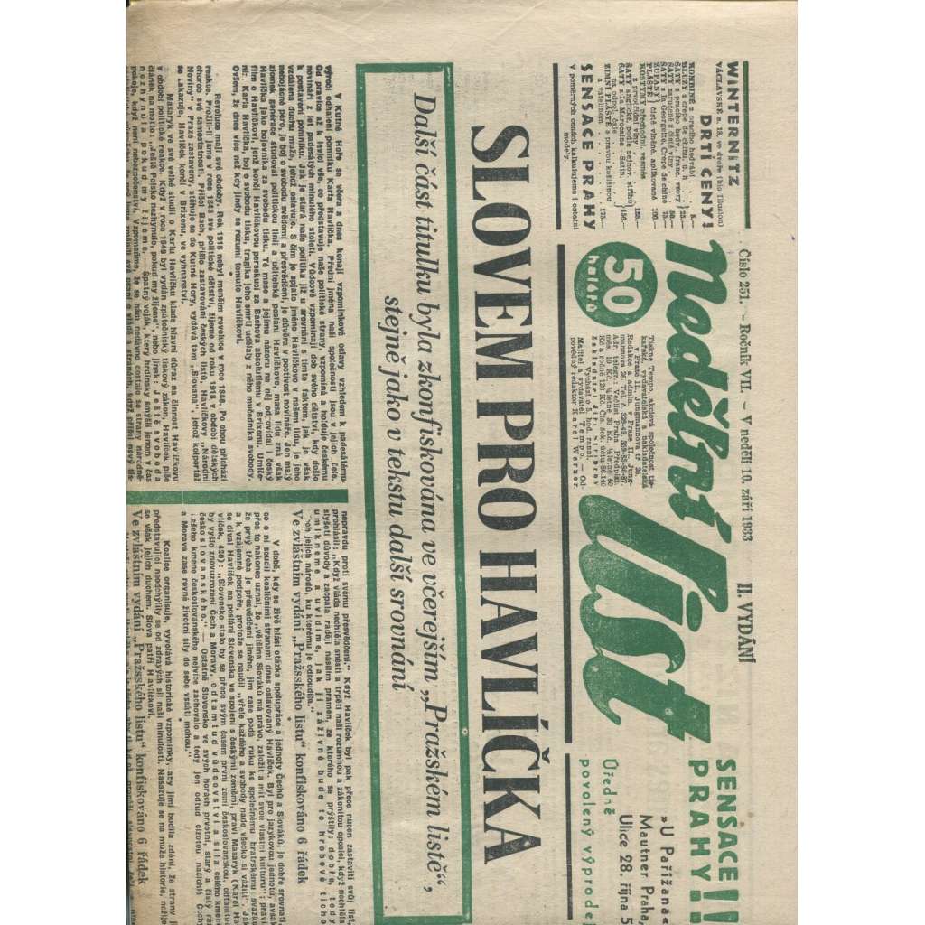 Nedělní list, ročník VII., číslo 251/1933 (1. republika, noviny)