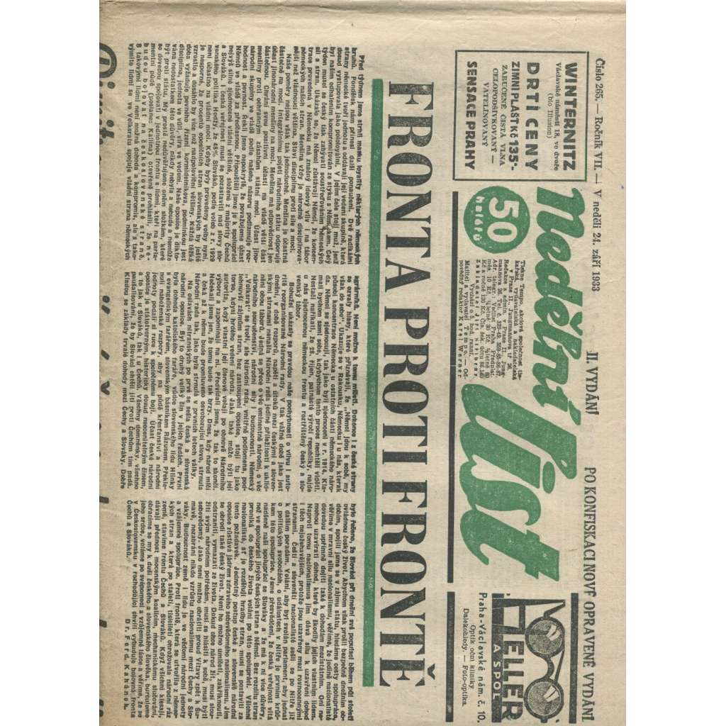 Nedělní list, ročník VII., číslo 265/1933 (1. republika, noviny)