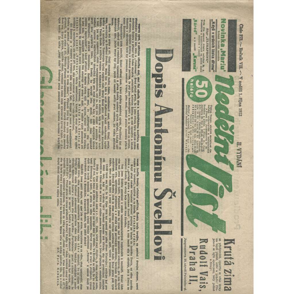 Nedělní list, ročník VII., číslo 272/1933 (1. republika, noviny)