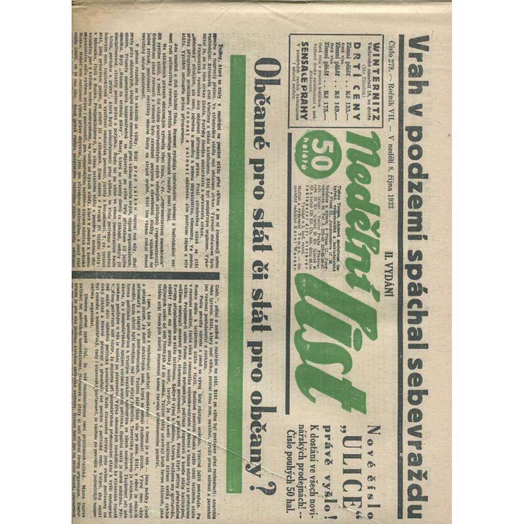 Nedělní list, ročník VII., číslo 279/1933 (1. republika, noviny)