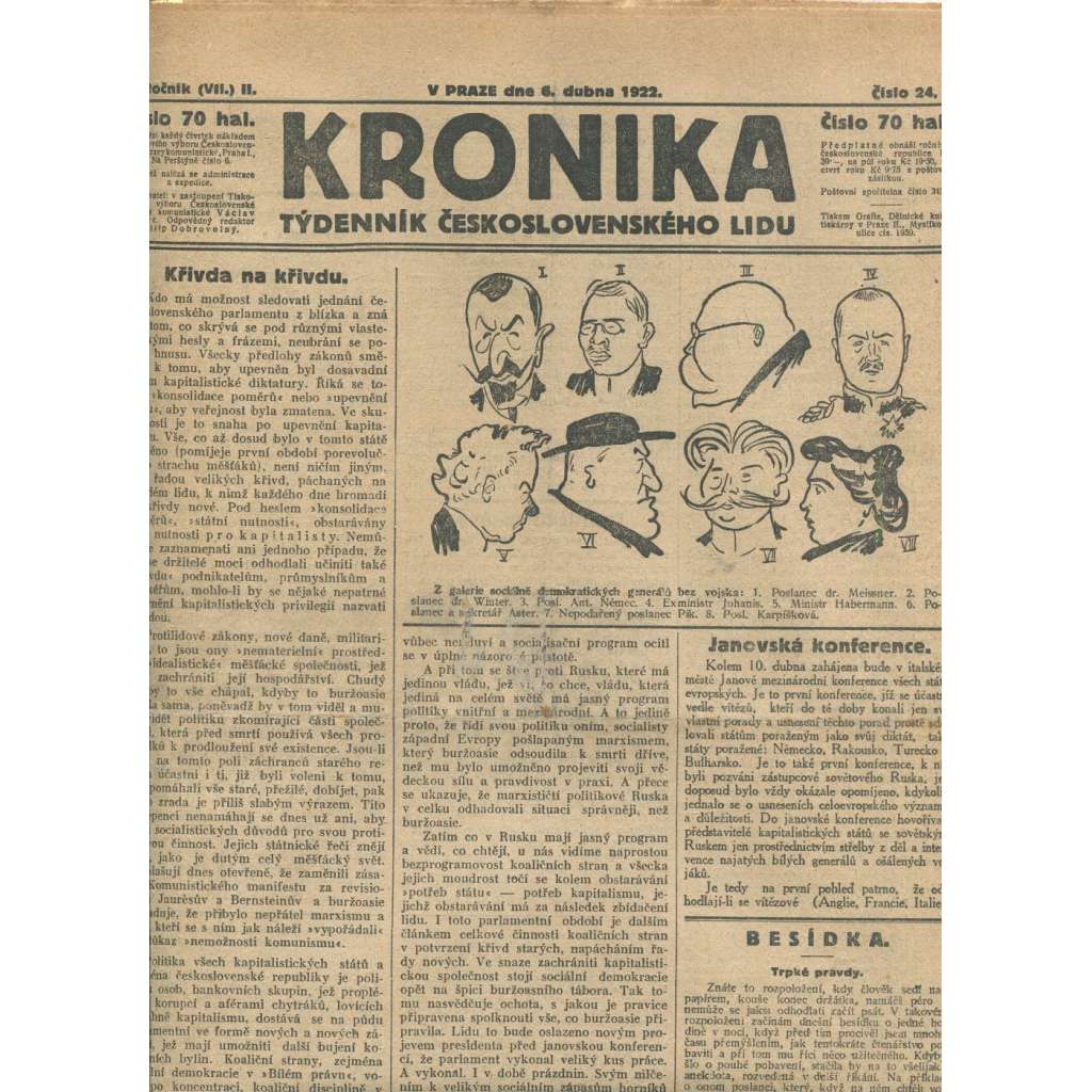Kronika, ročník II., číslo 24/1922. Týdenník československého lidu (1. republika, noviny)