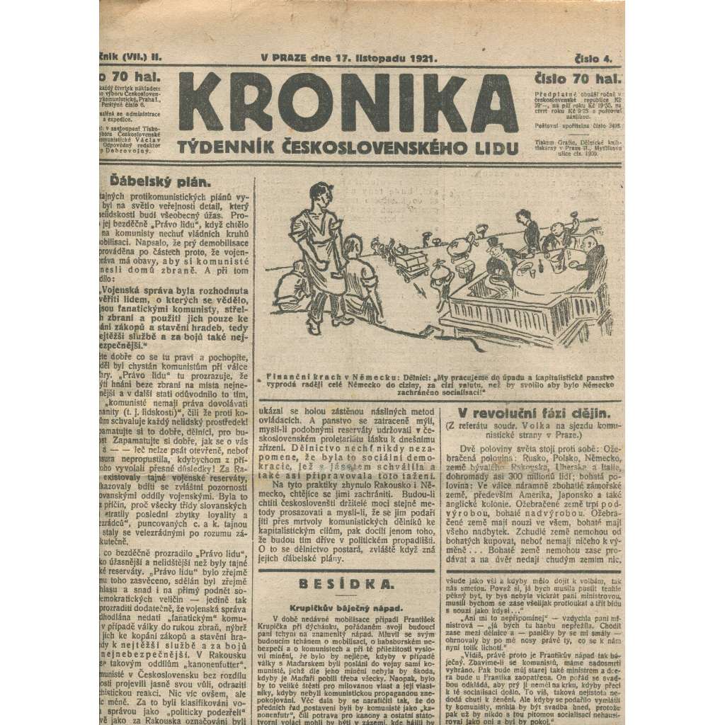 Kronika, ročník II., číslo 4/1921. Týdenník československého lidu (1. republika, noviny)