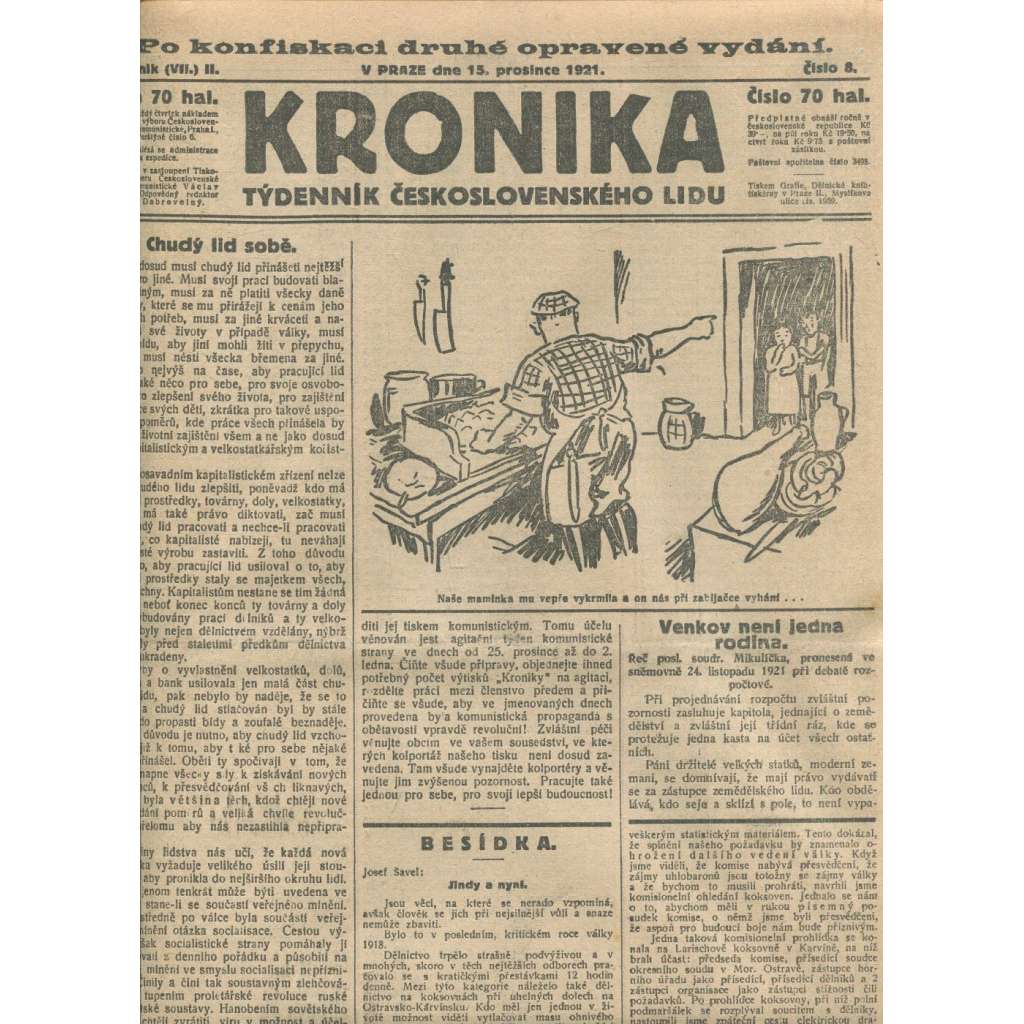 Kronika, ročník II., číslo 8/1921. Týdenník československého lidu (1. republika, noviny)