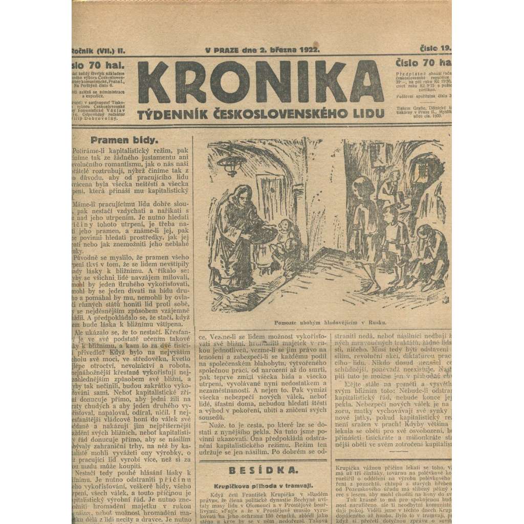 Kronika, ročník II., číslo 19/1922. Týdenník československého lidu (1. republika, noviny)